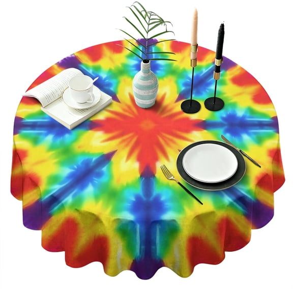 Rainbow Tie Dye Mandala Pattern Round Tablecloth 60"x60",Wrinkle Wipeable Table Cloth for Kitchen Dining Room Picnic Patio Party