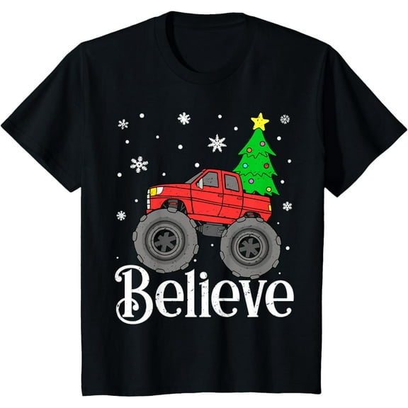 Exquisite and comfortable-Kids Boys Monster Truck Believe Christmas Tree Snowflakes Toddler T-Shirt