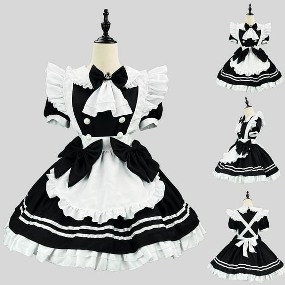 SMihono Japanese Girls Cute Black White Long Sleeves Maid Coffee Bubble Dress Cute Skirt Apron Halloween Cosplay Costume Black M