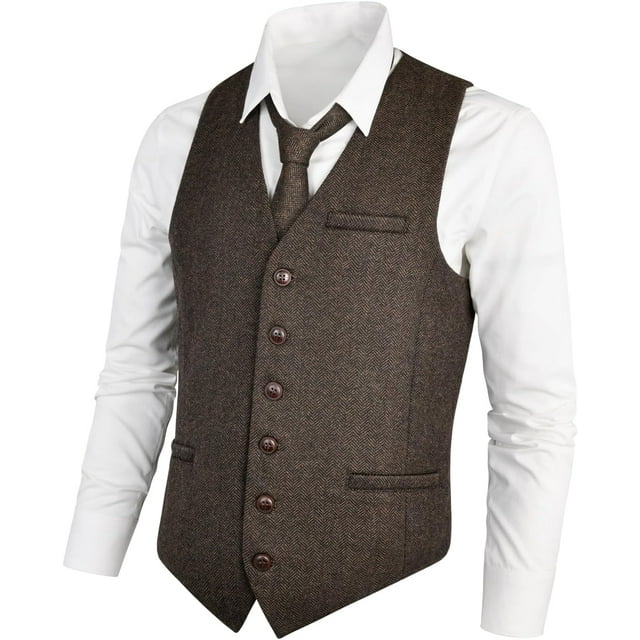 GFDYREE Men's Slim Fit Herringbone Tweed Suits Vest Premium Wool Blend Waistcoat