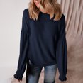 thumbnail image 2 of Jinhomg Knitted Sweatshirt for Women Casual Solid Color Fall Lounge Tops Loose Fit Comfy Long Ruffle Sleeve Crewneck Knit Pullover Navy M, 2 of 7