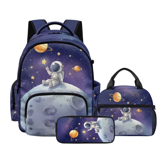 Kuiaobaty Astronaut Print Backpack and Lunch Bag Set for Boys Moon Stars Print Backpack Pencil Case with Bottle Holder Roomy Casual School Bag with Lunch Box for Travel Camping Picnic
