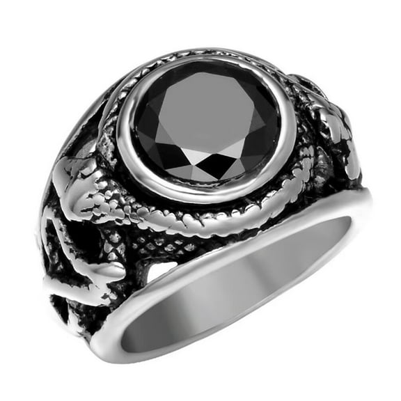 PAMTIER Men's Stainless Steel Vintage Silver Inlaid Round Gemstone Gothic Biker Double Band Snake Ring Statement Promise Black Size 7