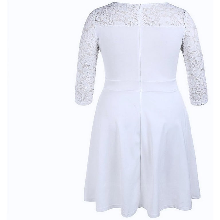 white lace skater dress plus size White Lace Shirred Skater Dress, CLOUD DANCER, hi-res