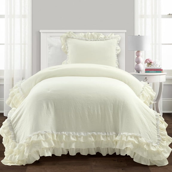 Ella Parisian Vintage Chic Ruffle Lace Comforter Ivory 2Pc Set Twin-Xl