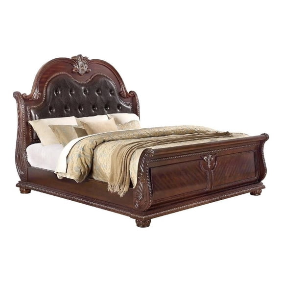 Benjara Mano King Bed-Faux Leather Upholstery-Classic Floral Carved-Brown Wood