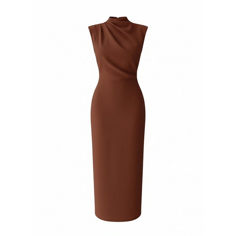 mock neck solid bodycon dress ClodeEU Women's Sleeveless ,Solid Color Spring Summer Slim Fit Midi Dress Brown,Women's Plus M Clodeeu