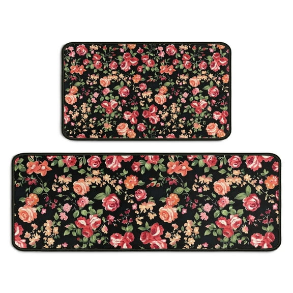 Pioneer Flower Floral Print Pattern Kitchen Rugs Sets Of 2,Anti Fatigue Kitchen Mat Rugs Non Slip Washable,Decorative Kitchen Floor Mats for Kitchen,Sink,Laundry,17"X30" 17"X47"