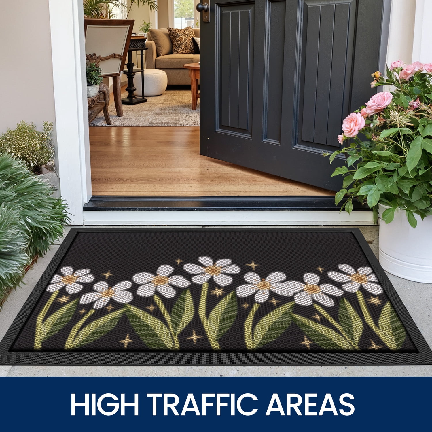 PABUBE Outdoor Doormat, Heavy Duty Non-Slip Spring Welcome Mat, Low Pile & Dirt Trapper Front Door Mat Outside, Black Patio Outdoor Mat for Front Doors, 32" x 48"