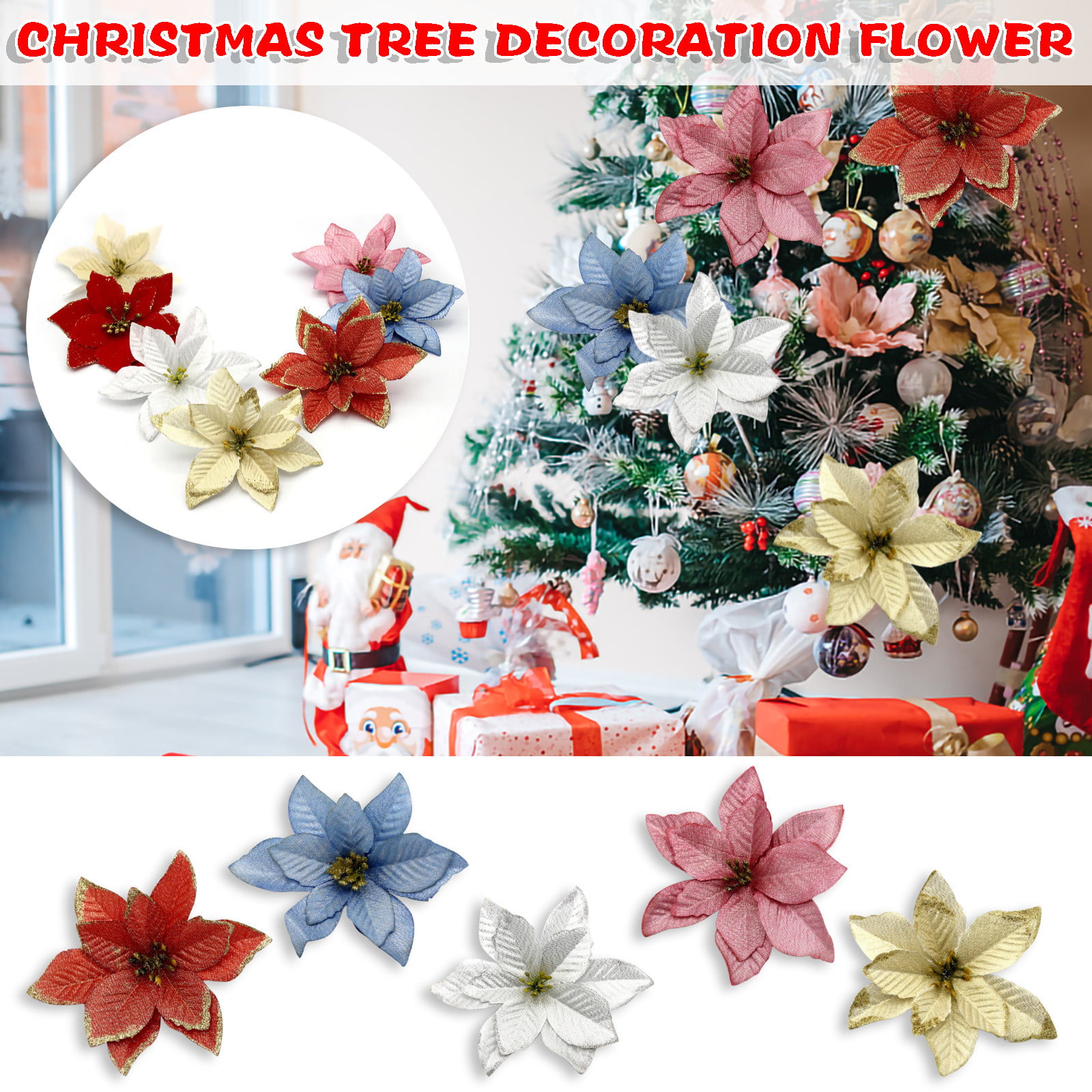 5.9in Large Christmas Poinsettia Glitter Flower Tree Hanging Party Xmas Decor US 