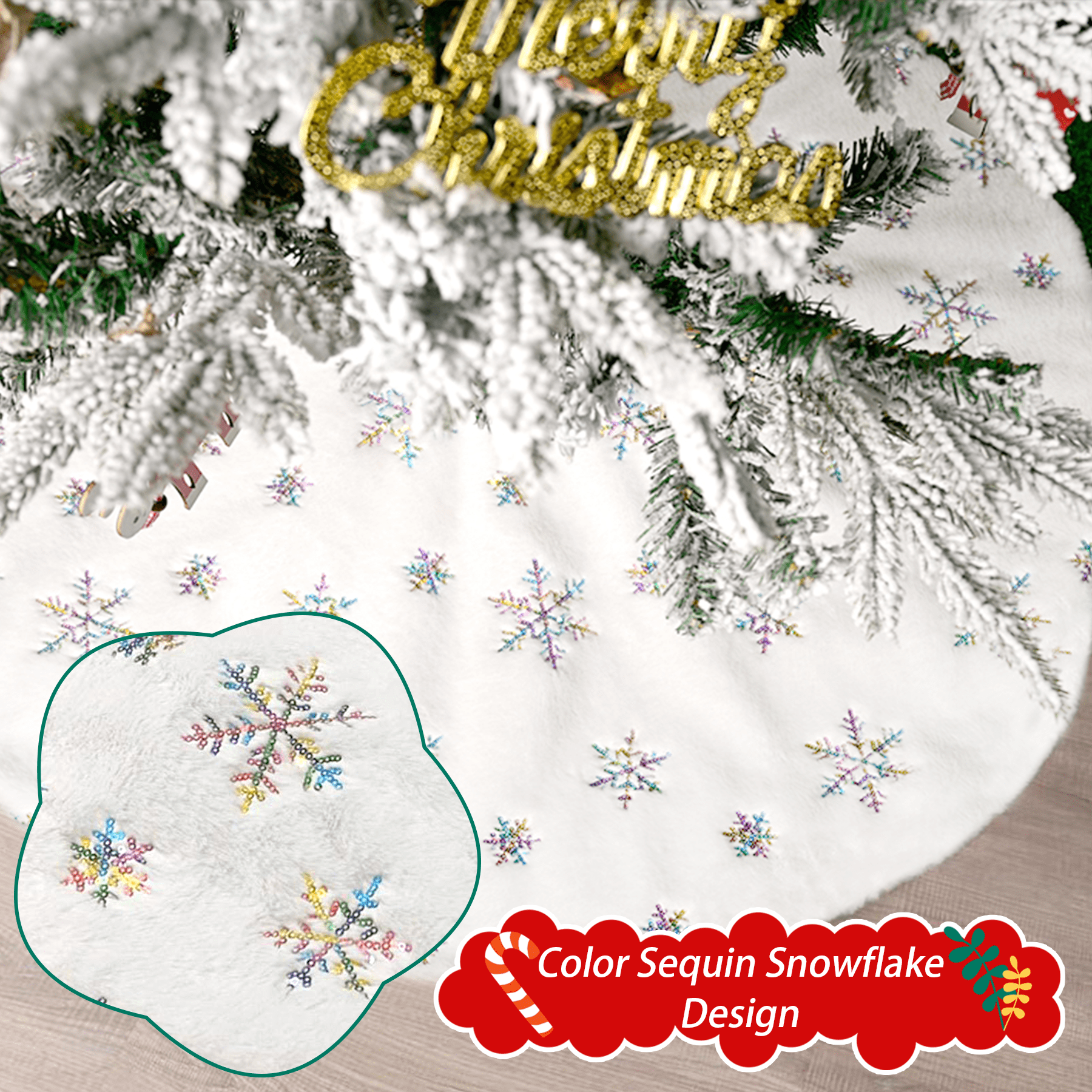 GKcity 36 Inch Faux Fur Christmas Tree Skirt, Snowflakes White Plush