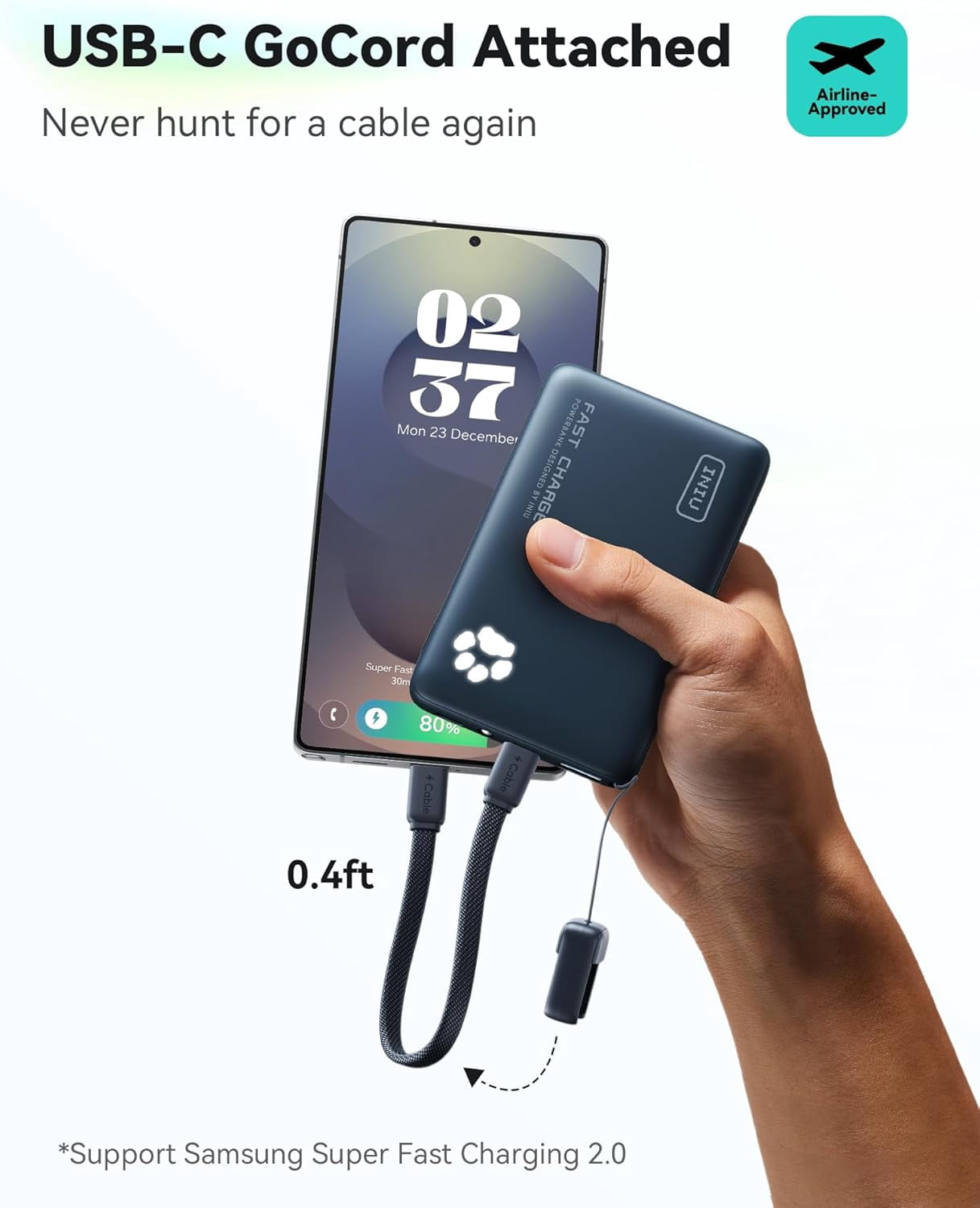 INIU 45W Fast Charging Portable Charger, 40% Smaller 10000mAh with Detachable Cable, Flight-Safe Travel Power Bank, USB C External Battery Pack for iPhone 17 16 Pro iPad Samsung S25 Google etc, Blue