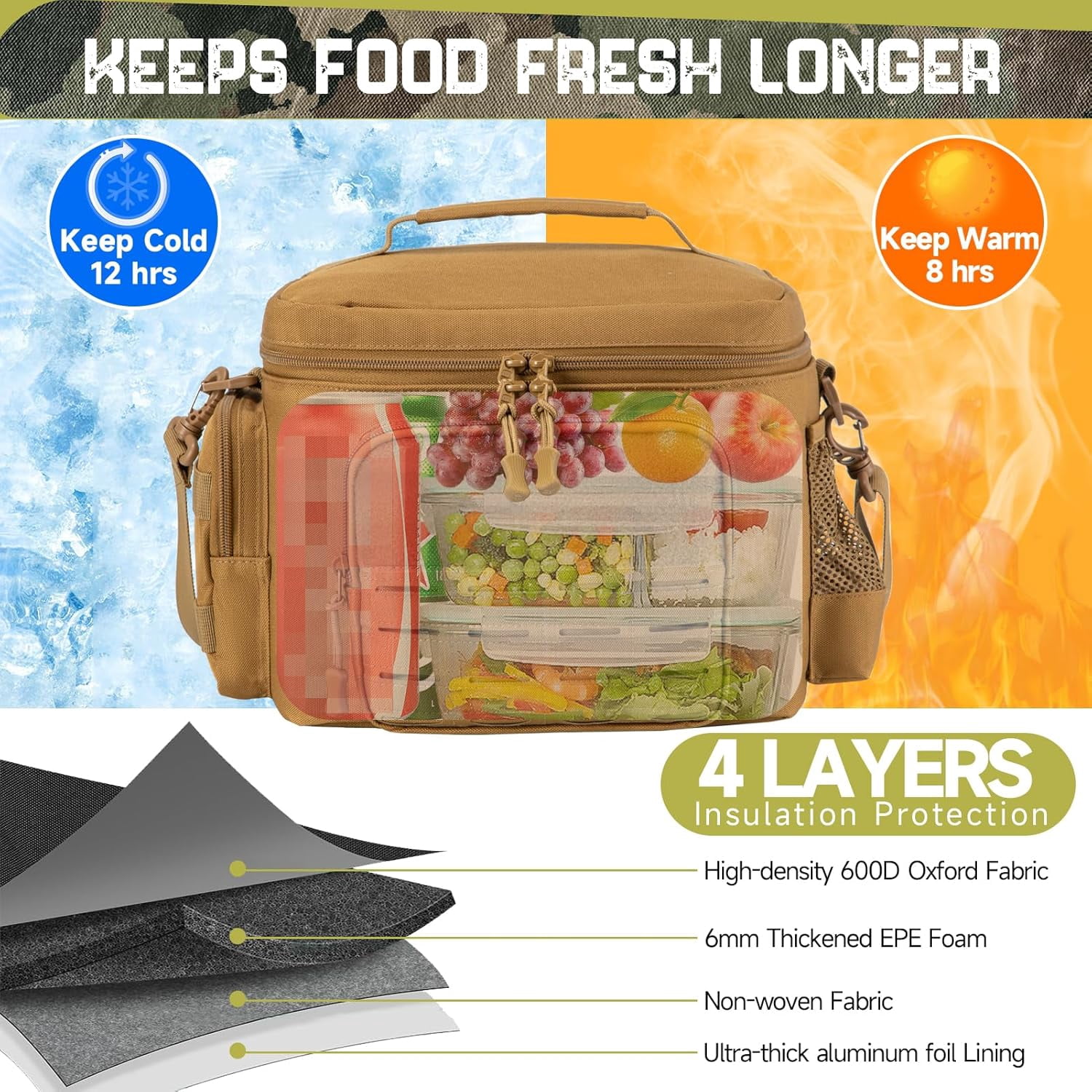 favastee Tactical Lunch Bag for mens Military heavy duty lunch box work Leakproof insulated Durable Thermal Cooler Bag for Adult Meal for Office Camping Picnic Pail MOLLE Webbing