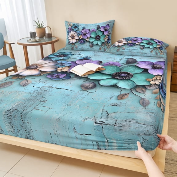 Queen Size Fitted Sheet Set - Spring Purple Flowers 3 Piece Bedding Sets 16" Deep Pocket Fitted Sheet with 2 Pillowcases, Floral Mottled Teal Wall Retro Brushed Microfiber Hotel Luxury Bed Sheets
