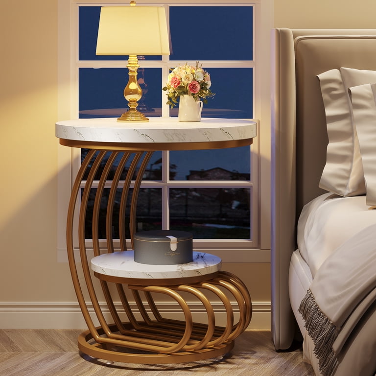 Tribesigns Round Side Table White Gold End Table 2-Tier End Table Modern Bedside Table Small Side Table With Storage For Couch Side Sofa Side Table With Metal Frame For Living Room