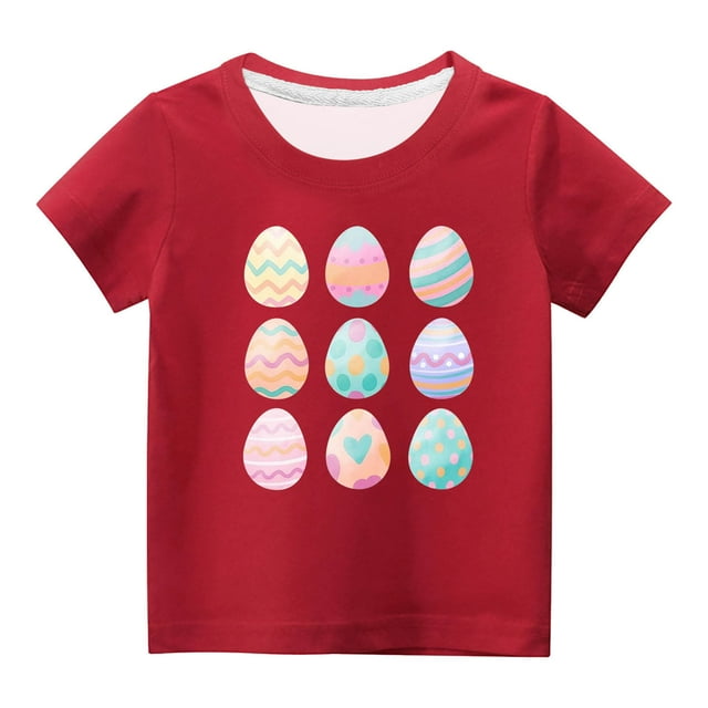 Penkiiy T-Shirts de Pâques pour Enfants Garçons Filles Mode Œufs de Pâques Imprimé Col Rond Manches Courtes 13 Ans Rouge