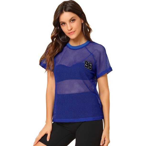 INSPIRE CHIC Blusa Cubierta De Malla Manga Raglán Cuello Redondo Rejilla Transparente Para Mujer azul M