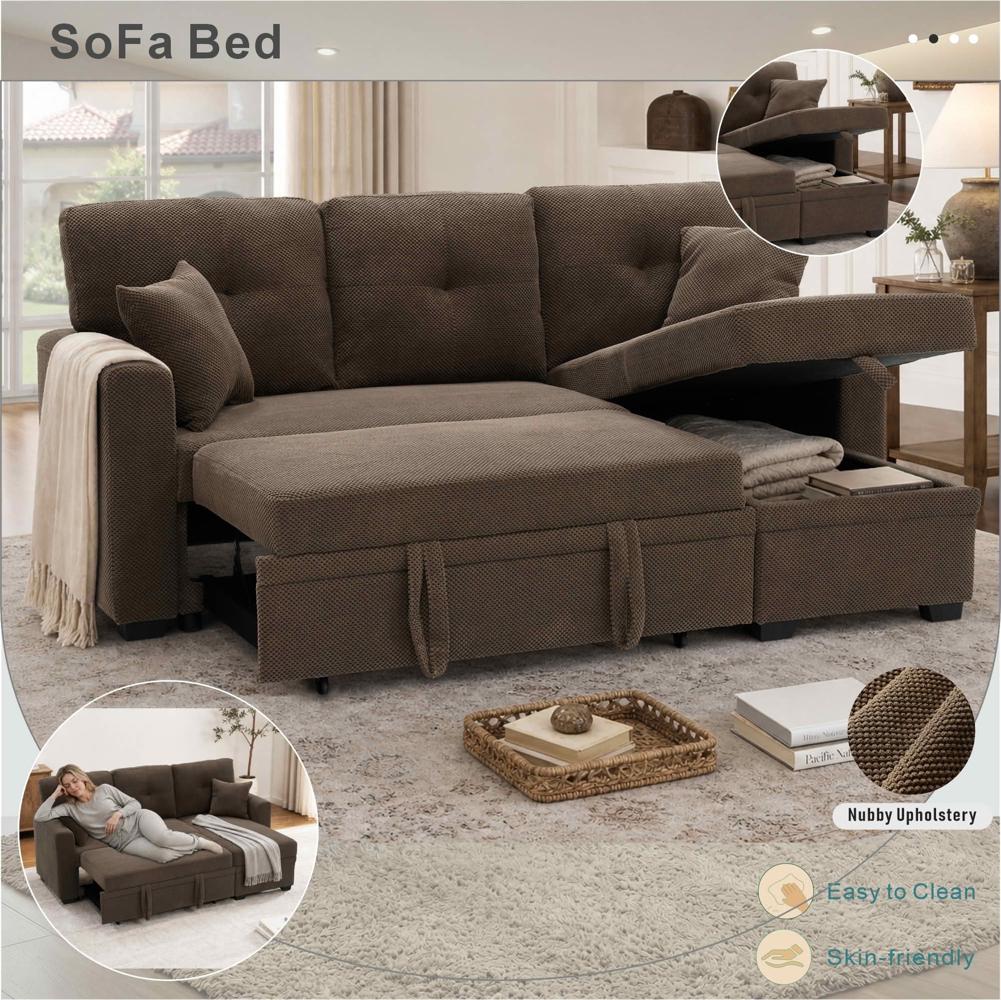 MAYEERTY L‑Shaped Sleeper Sectional Sofa, Convertible Pull‑Out Bed with Reversible Storage Chaise, Dark Gray Breathable Polyester Fabric for Small Living Spaces