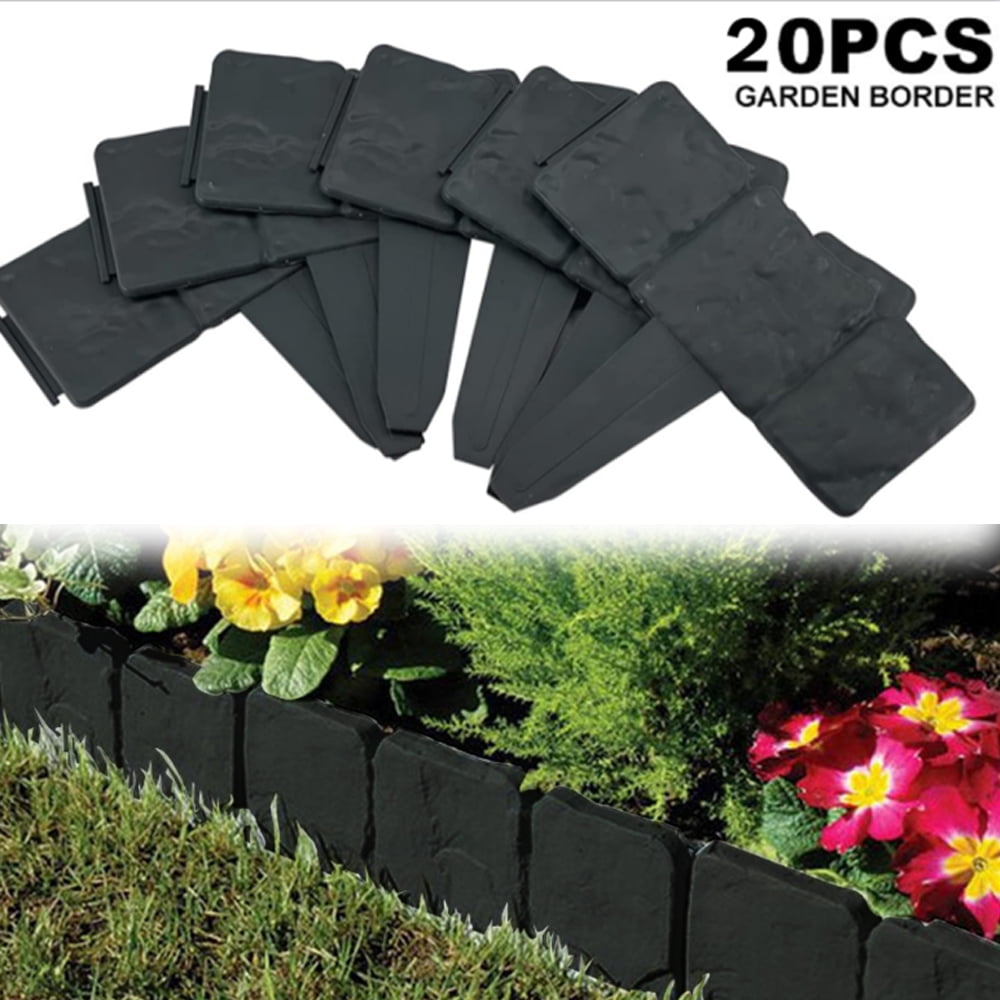 20Pcs Garden Plastic Fence Edging, Black Cobbled Stone Effect Fence