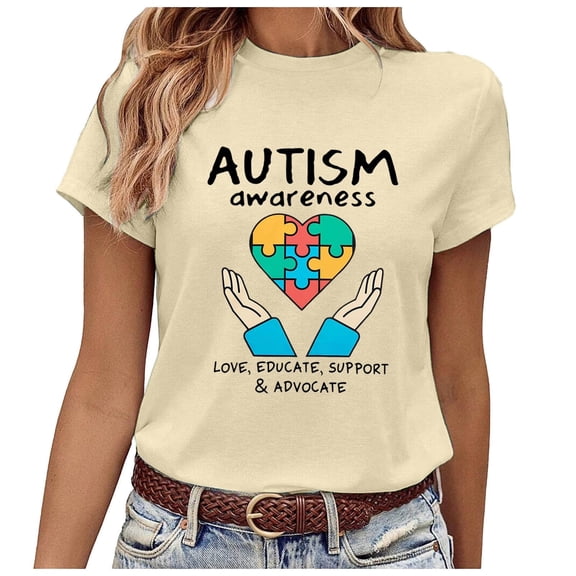 Bibifish Womens Tee Tops Autism Awareness Print Soft Breathable Regular Fit Crewneck Short-Sleeve Tee Tops Summer Daily Commute Chic Wear