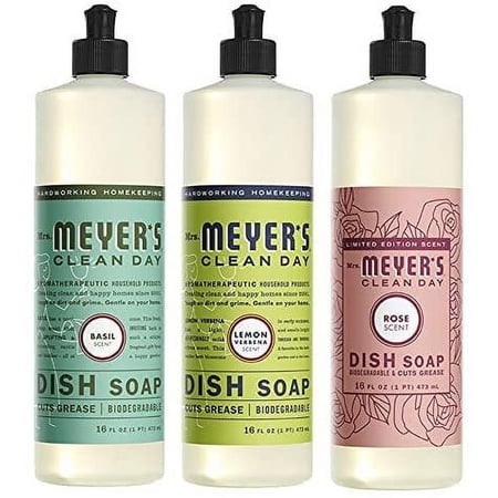 Liquid Dish Soap, Cruelty Free Formula, 1 Pack Basil, 1 Pack Lemon Verbena, 1 Pack Rose, 16 OZ each