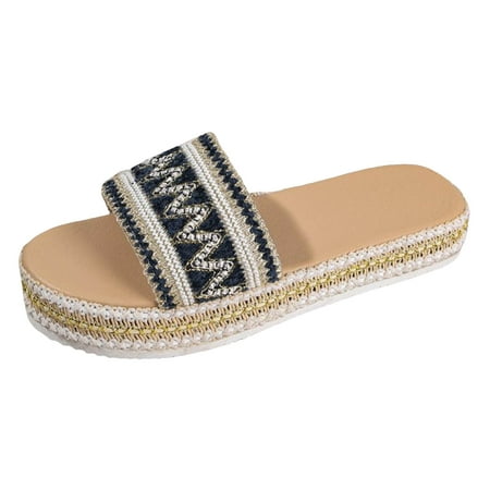 OJSFQUFP Sandals Womens Ladies Fashion Ethnic Style Woven Print Open Toe Flat Bottom Beach Sandals Soft Sole Outdoor Beach Shoes Slip On Slippers Navy 39