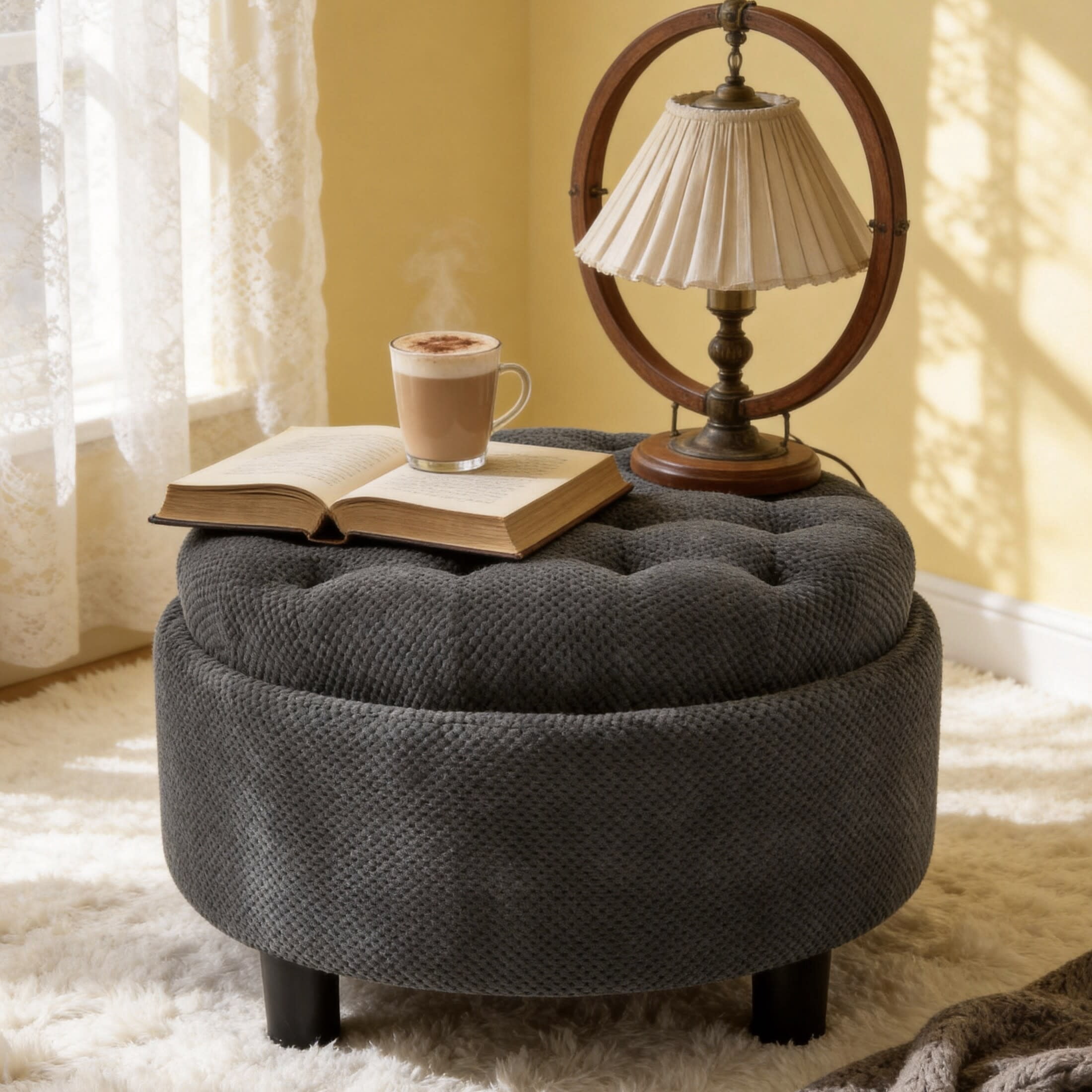 Noble House 25" Round Storage Ottoman with Removable Tray Top, Upholstered Coffee Table, Dark Gray