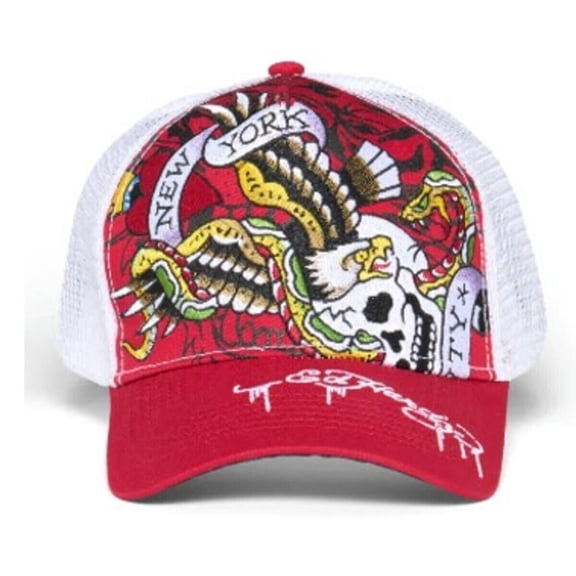 Ed Hardy Printed NYC Eagle Female Hat, Cotton, Cherry and White