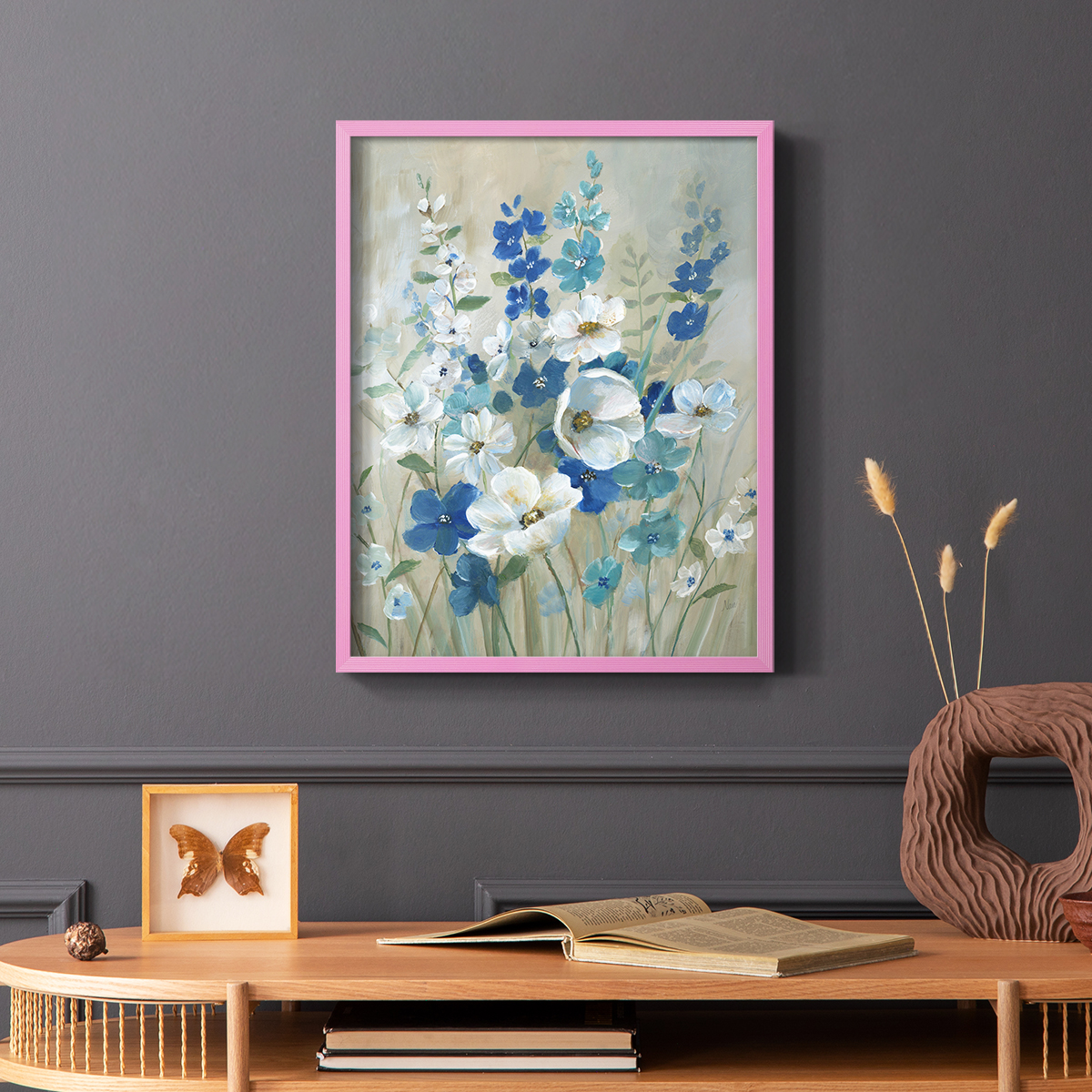 Blue Garden I Framed Print in Pink Solid Wood Framed Print No Nail Hanging