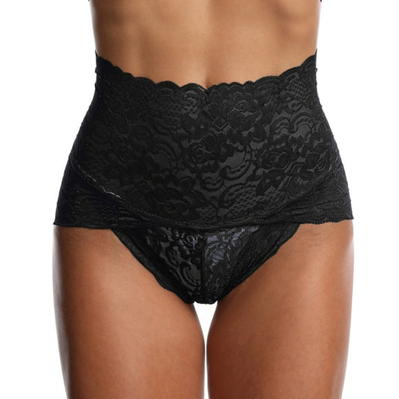 PMVFHDE Ladies Underwear Panties Lace Mesh High Waist Plus Size Panty Pure Cotton Crotch Breathable Sheer Triangle Black,XL