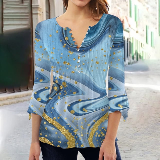 Hauts d'Été pour Femmes Mode T-shirt Décontracté à Manches 3/4 Col en V Imprimé Blouse de Gym en Liquidation