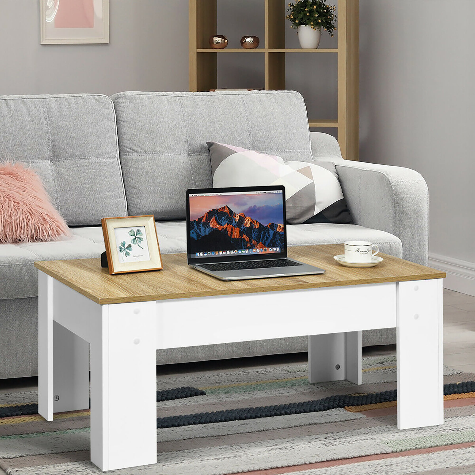 VINGLI Lift Top Coffee Table, White, with Storage Shelf/Hidden Compartment,  Gas Lift Mesa De Centro para Sala Pop Up Coffee Table