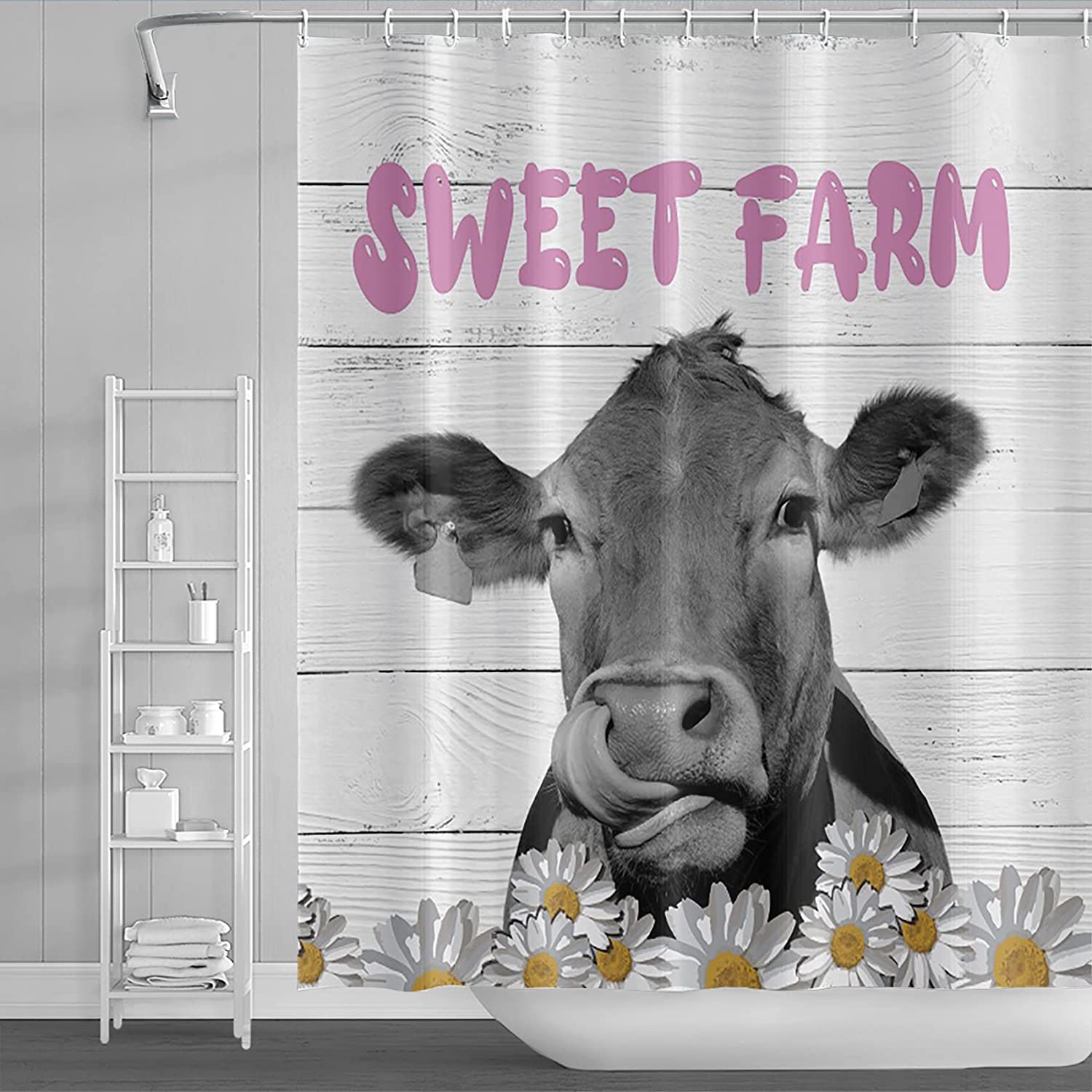 Marble Farmhouse Cow Shower Curtain for Bathroom Daisy Floral Sweet