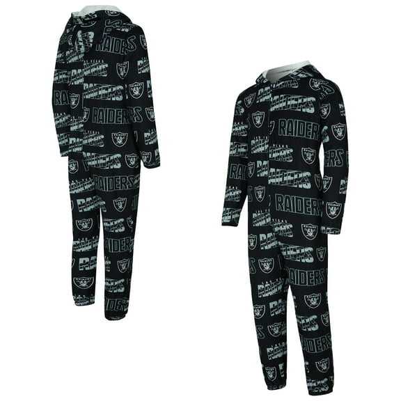 Men's Concepts Sport Black Las Vegas Raiders Shuffle All-Over-Print Microfleece Full-Zip Union Suit
