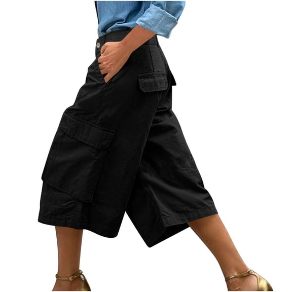 cocolona Womens Summer High Waist Wide Leg Capri Pants Fashion Multi-Pocket Button Cargo Pants Casual Loose Work Trousers