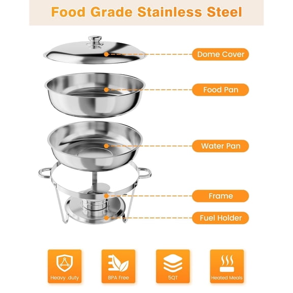 4 Pack 5QT Round Stainless Steel Buffet Chafing Dish Set