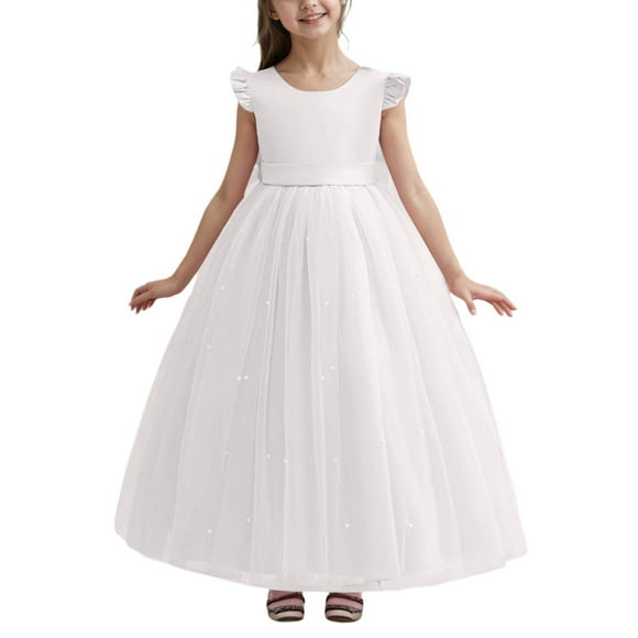Wdgfv Flower Girl Dress Wedding Guest Ruffle Tulle Satin Party Birthday Princess Dresses Pageant Gown Kids Short White 8-9 Years