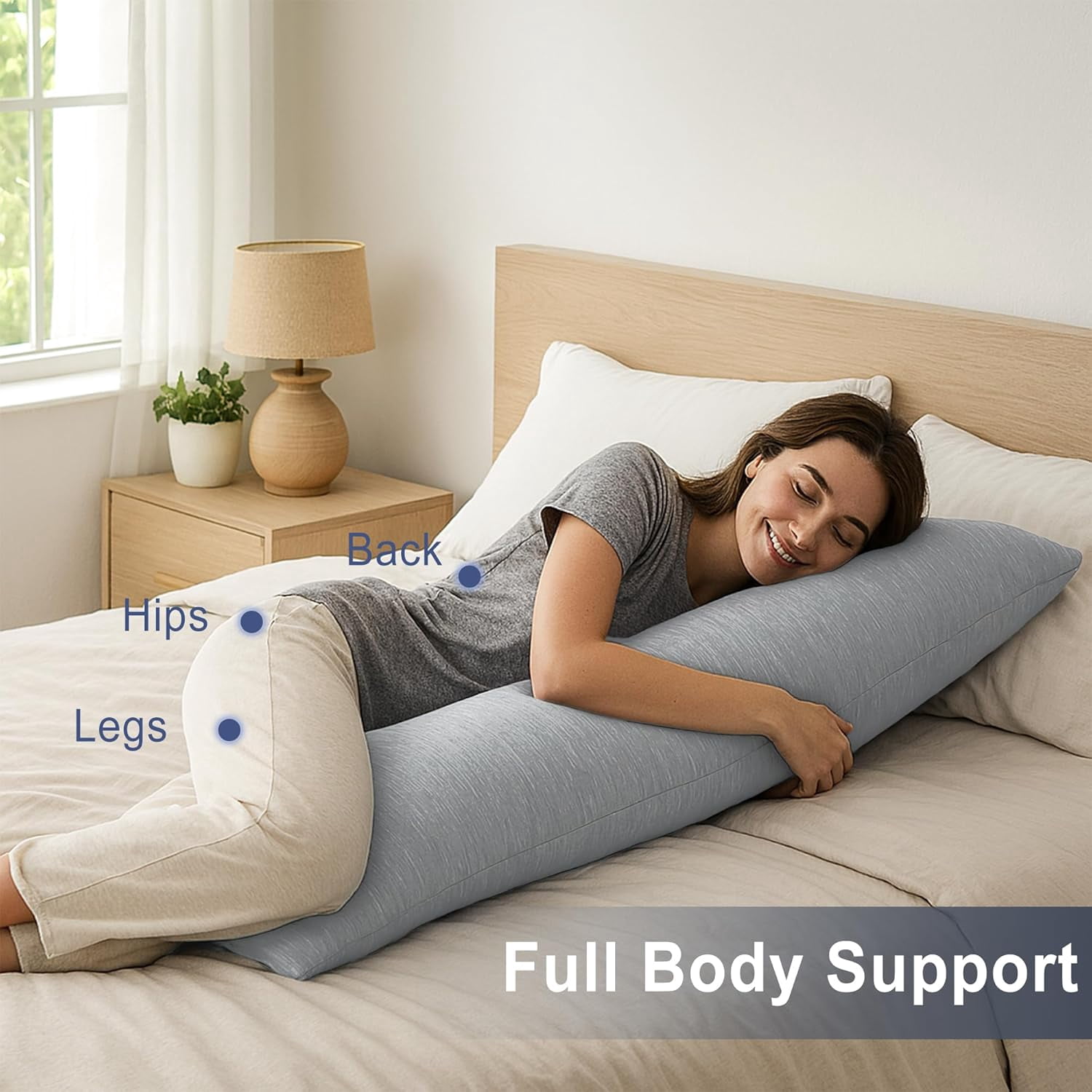 Cooling Body Pillow for Adults, 20x60 Inch Light Grey - Shredded Memory Foam Body Pillow with Removable & Adjustable Filling, Full Body Support for Side Sleepers, Pregnancy & Pain Relief