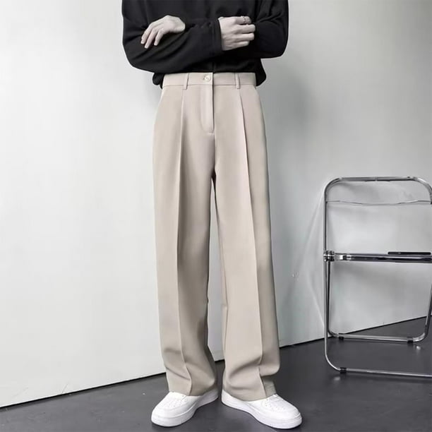 Pantalones largos para hombre, color liso, con cremallera, botones, pierna recta, pierna ancha, pantalones de traje casuales, pantalones de poliéster para hombre