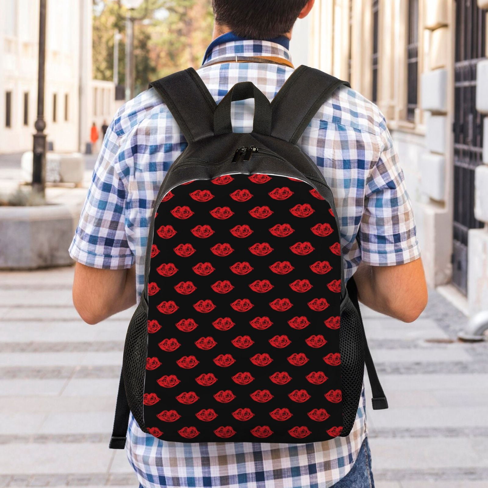 Xecao Red Beautiful Lips Print School Backpack with Laptop Compartment Small Travel Laptop Backpack for Women Men Waterproof College Backpack Simple School Bag