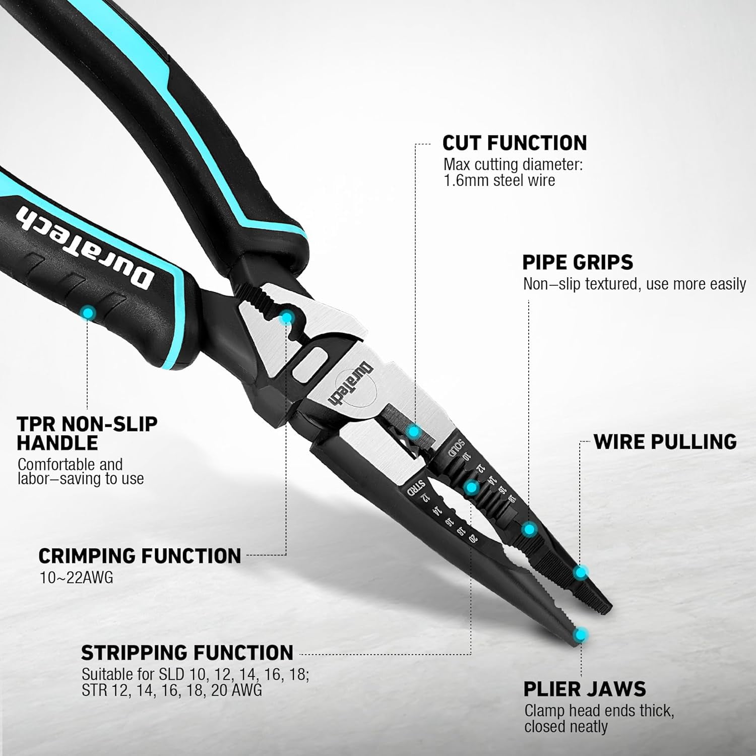 6-in-1 Needle Nose , 8.5" Multipurpose Long Nose with Wire Stripper/Crimper/Cutter Function, Heavy Duty Multifunctional Electrician for Crimping, Stripping, Shearing