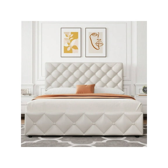 King Size Bed Frame with 4 Storage Drawers, Linen Upholstered Platform, Adjustable Headboard, No Box Spring, White