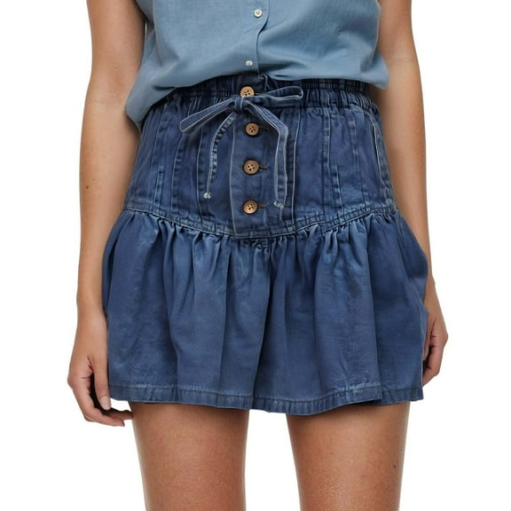 Letdown Women's Pleated Jean Skirt Casual Soft A-Line Ruffle Y2K Mini Elastic Waist Denim Skirt, A-Line Skater Skirt Streetwear