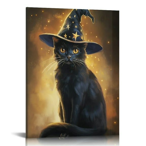 Vintage Halloween Black Cat Canvas Wall Art Painting,Gothic Print Pictures for Home Wall Decor Horror Creepy Dark Posters for Living Room Home Halloween Party Decor Framed