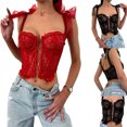 thumbnail image 4 of Fortune Femmes Sangle Maille Dentelle Foral Crop Top Arc Bas Coupe Réservoirs Creux Gilet Mince, 4 of 6
