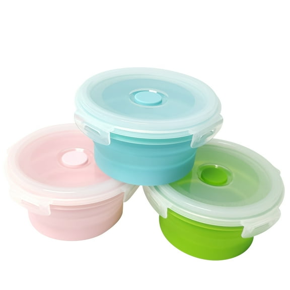 3Pack Collapsible Silicone Food Storage Containers with Lid 17OZ Foldable Airtight Bowls Camping for Microwave Round Pink Blue Green