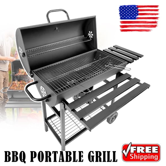 waaoon - BBQ Portable Grill Charcoal For Home Garden Barbecue Outdoor Party Cooking Picnics with Temperature Gauge Black