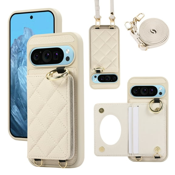TECH CIRCLE for Google Pixel 9 Pro XL Case, Quilted PU Leather Magnetic Clasp Shockproof Cover Card Holder Shoulder Strap Mirror Ring Stand Flip Wallet Case for Google Pixel 9 Pro XL,White