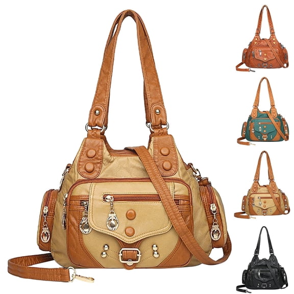 Modstep Women Leather Handbag Side Zip Pockets Large Capacity Crossbody Shoulder Purse Detachable Strap Tote Bag for Travel Beige