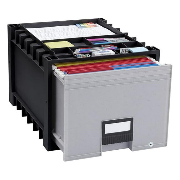 Archive Storage Drawer, Letter Size - Black Plastic File Cabinet with Lock - Stackable Office & Home Organizer, 18 Inch